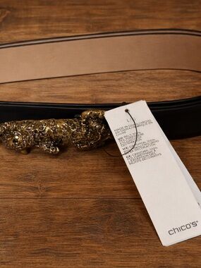 NWT Chico’s Black Leather Belt with Silver Jeweled Panther Buckle
